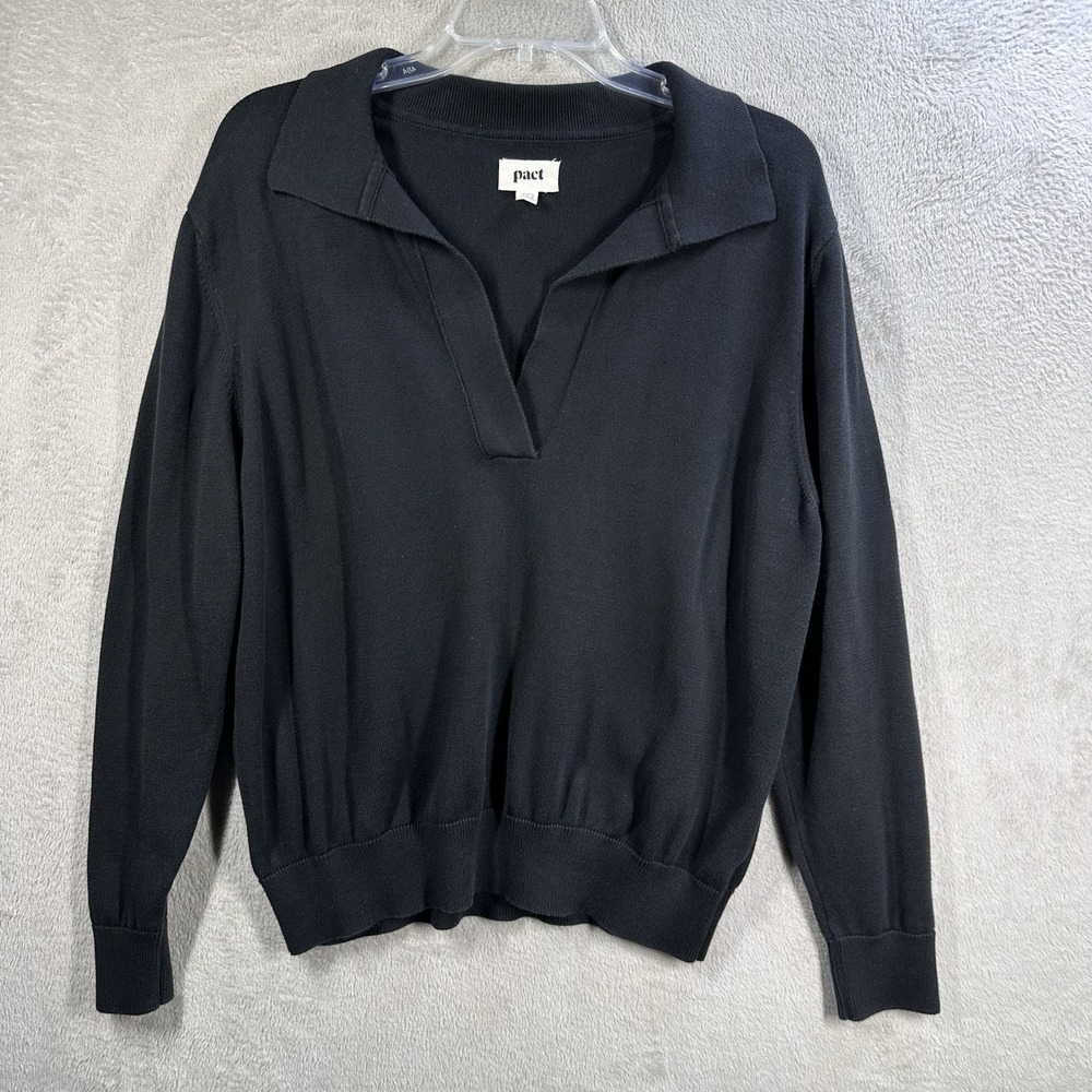 Pact Polo Sweater Women's L Black Organic Cotton Collared Preppy Minimalist